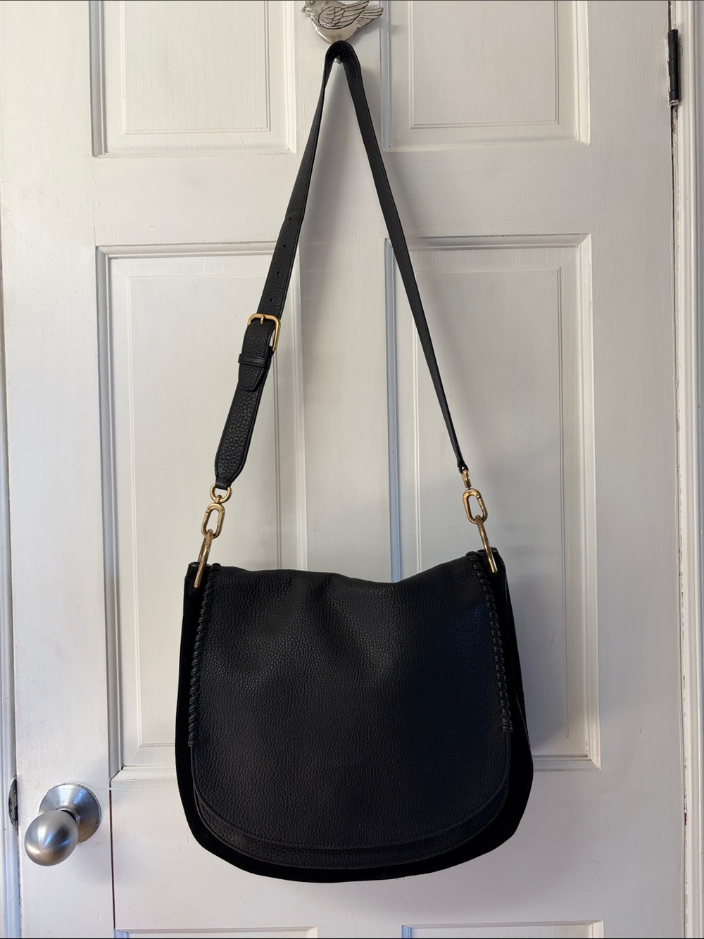Stuart Weitzman Leather Suede Crossbody Messenger Saddle Bag Black Handbag